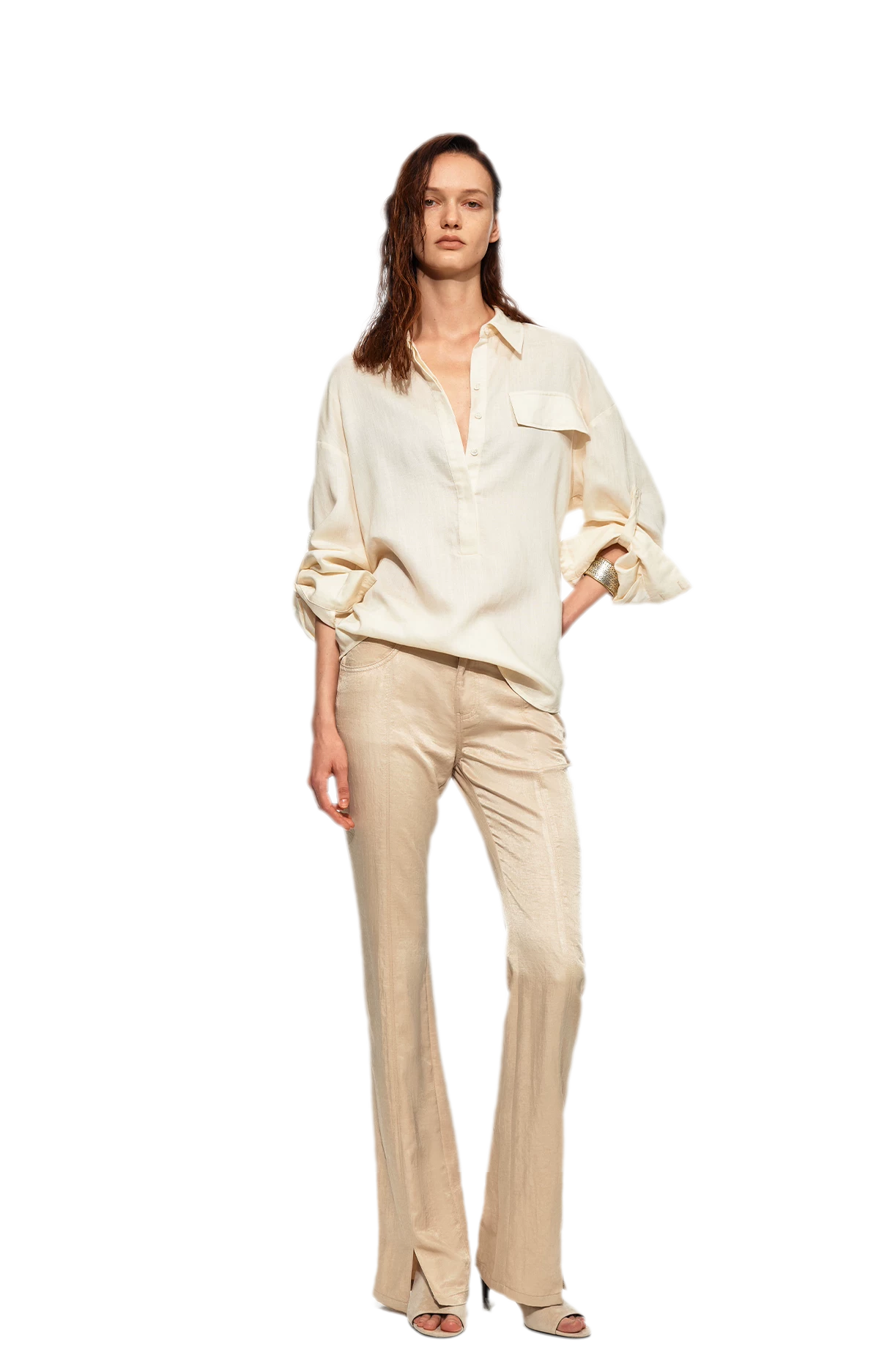 Lustrous Front-Slit Flare Pants