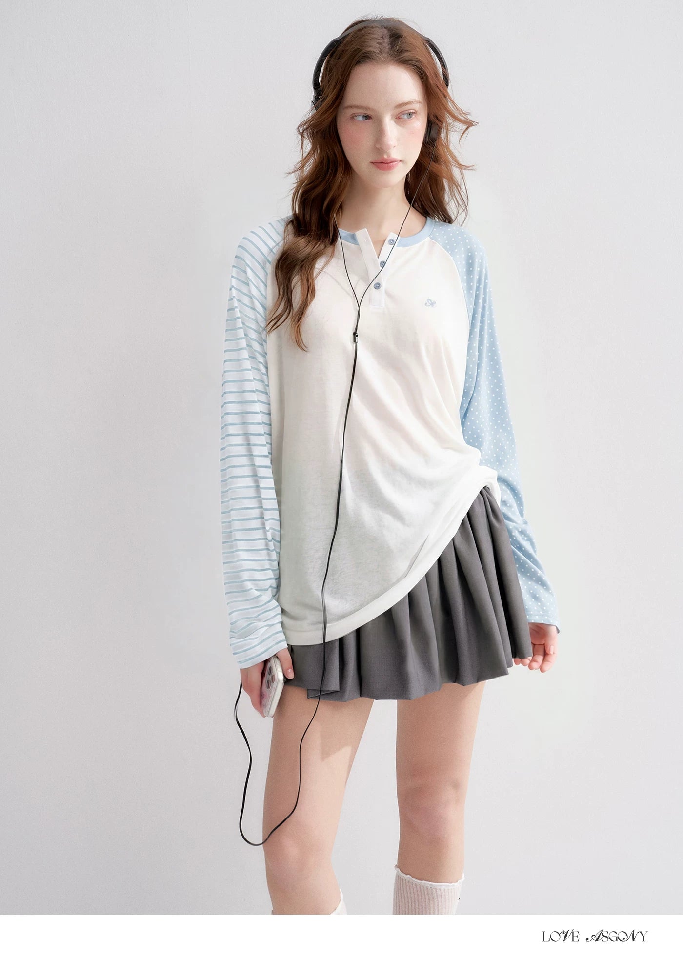 Striped Polka Dot Raglan Sleeve Long Sleeve Pullover