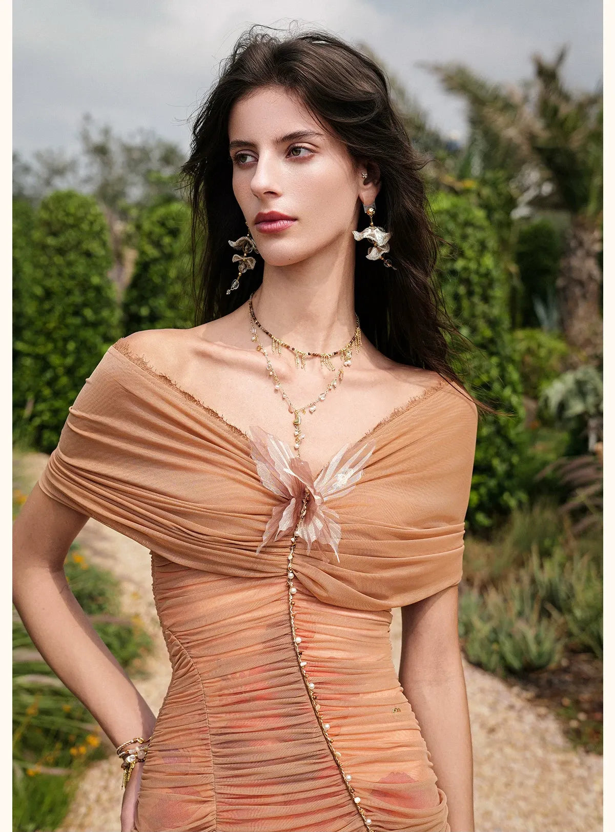 Beaded Off-Shoulder Mesh Dress