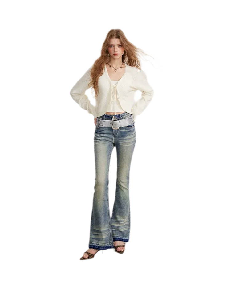 Washed Micro-Flare Contrast-Hem Jeans