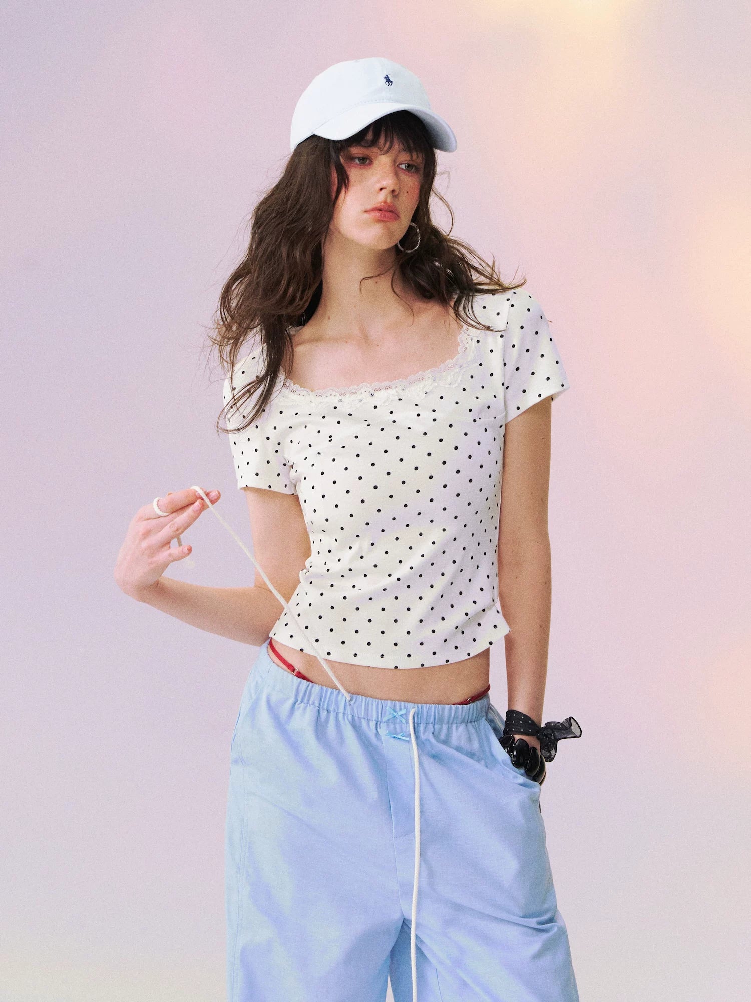 Square Neck Lace-Panel Slim T-shirt