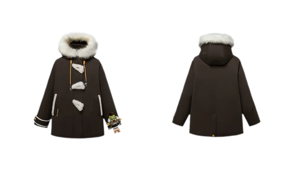 Doudoune mi-longue en duvet à boutons brandebourgs et effet peluche