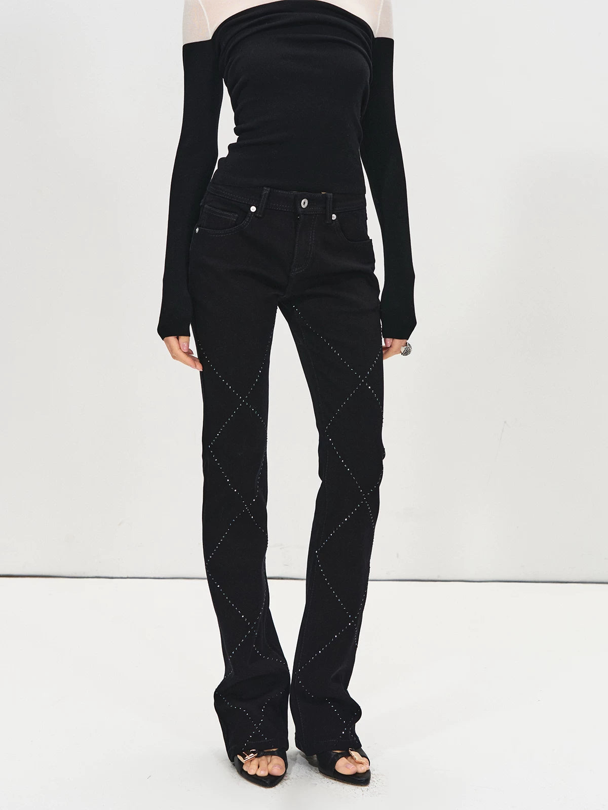 Stylish Quilted Rhinestone Mid-Low Waist Black Slim Flared