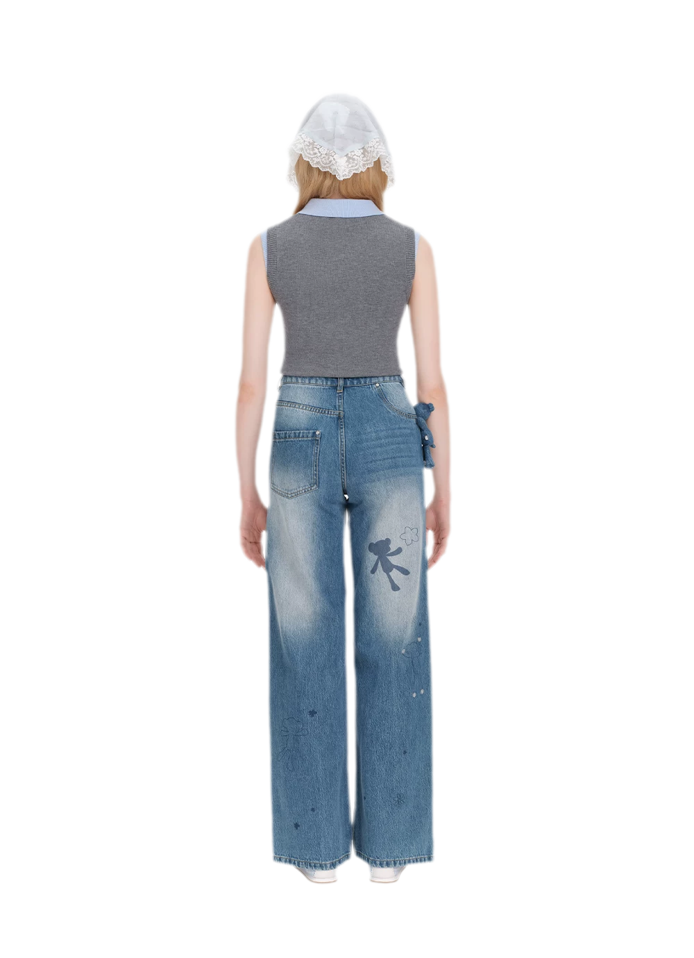 Bear Print Denim Pants