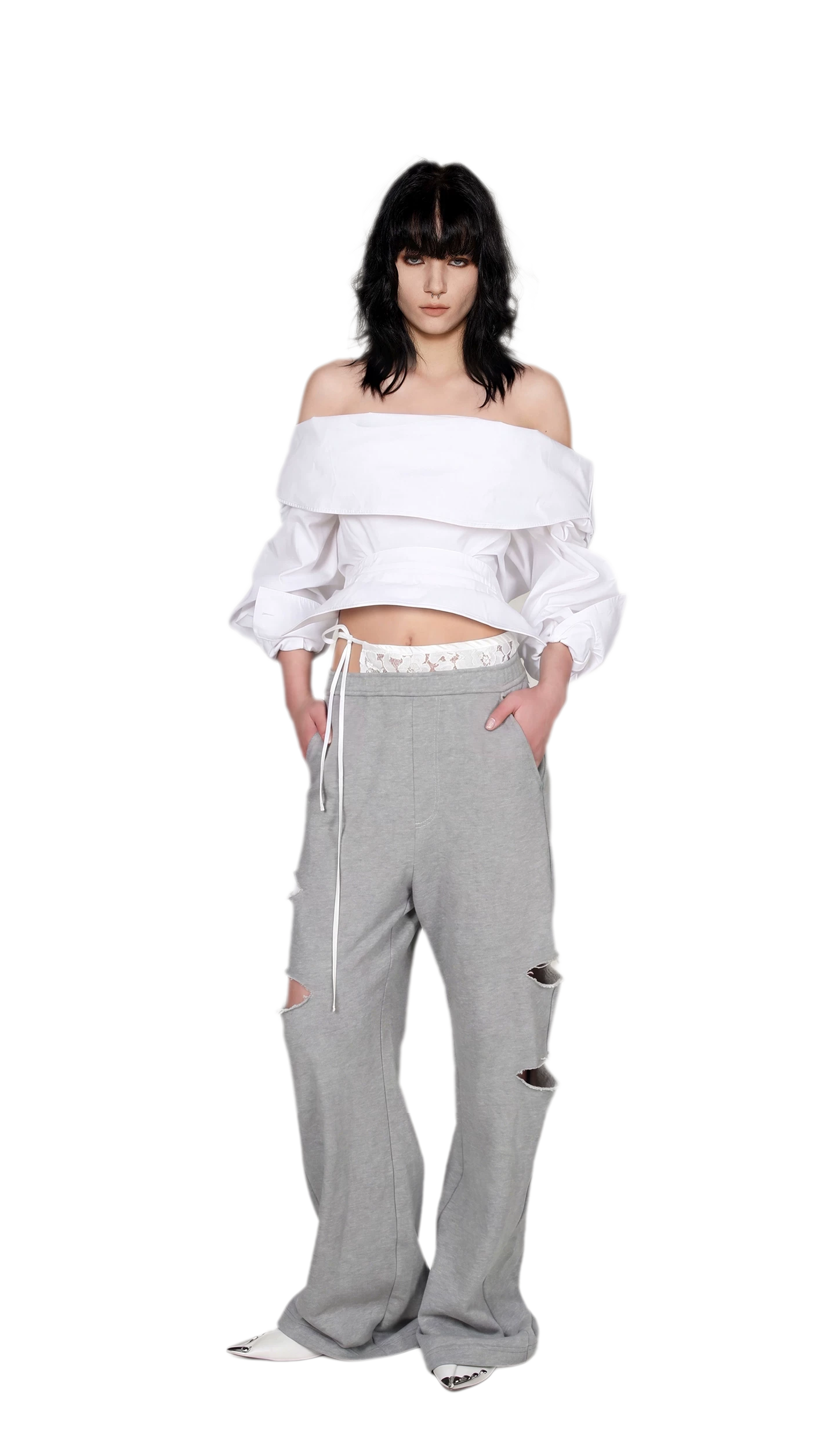 Lace Waist Distressed Pants