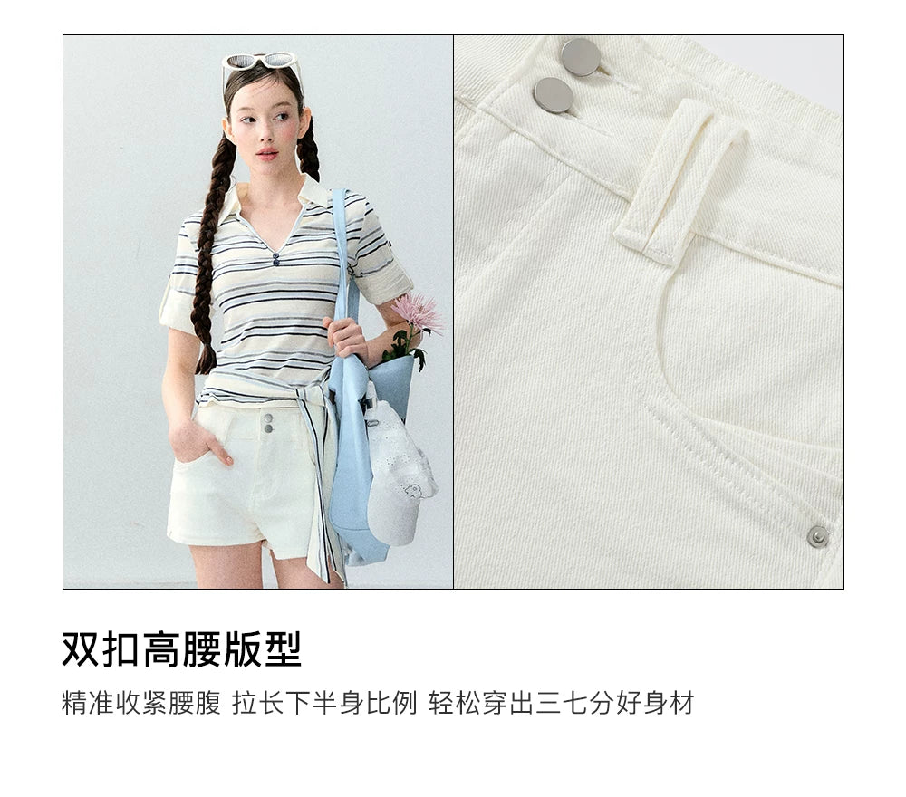White Korean Casual High-Waist Denim Shorts
