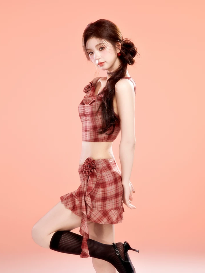 Plaid Cowl Neck Skort Set