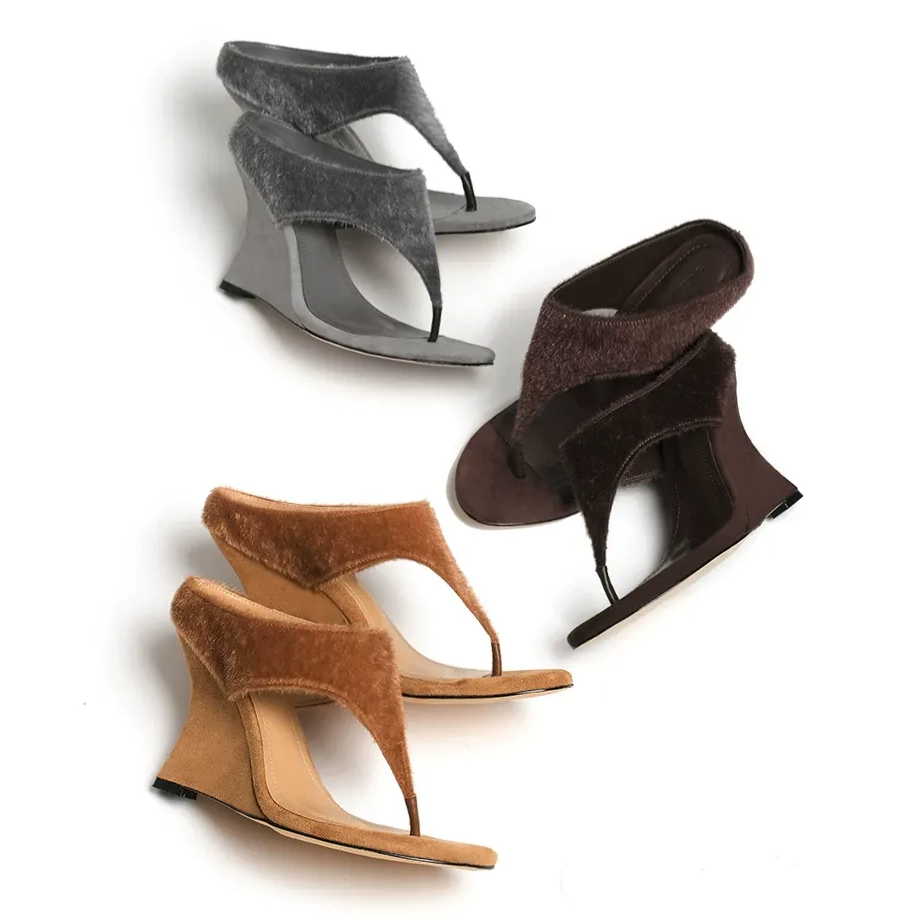 Faux Horsehair Wedge Thong Sandals