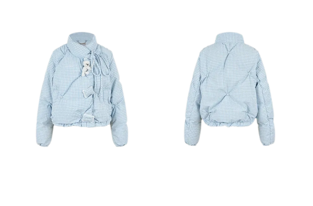 Gingham Puffy Stand-Collar Down Jacket