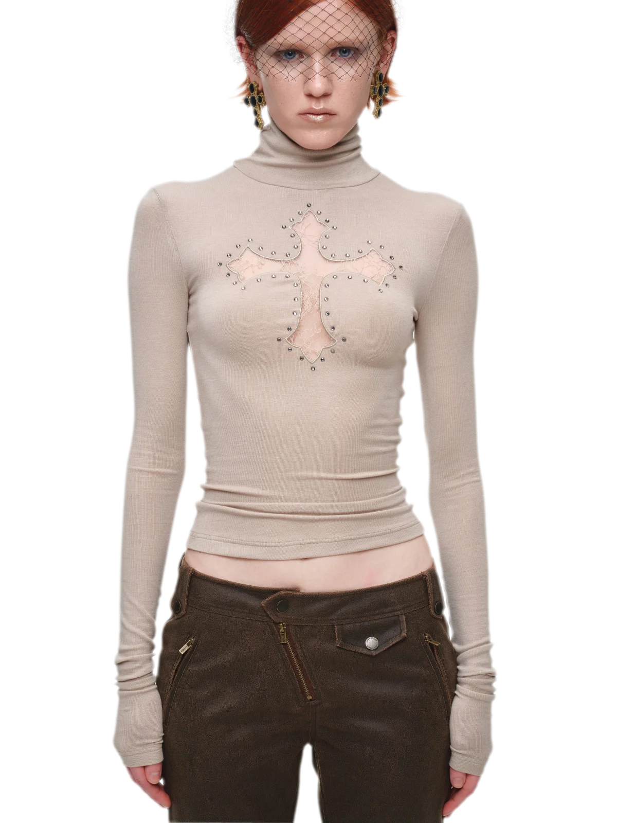 Rhinestone Lace Turtleneck Knit Top