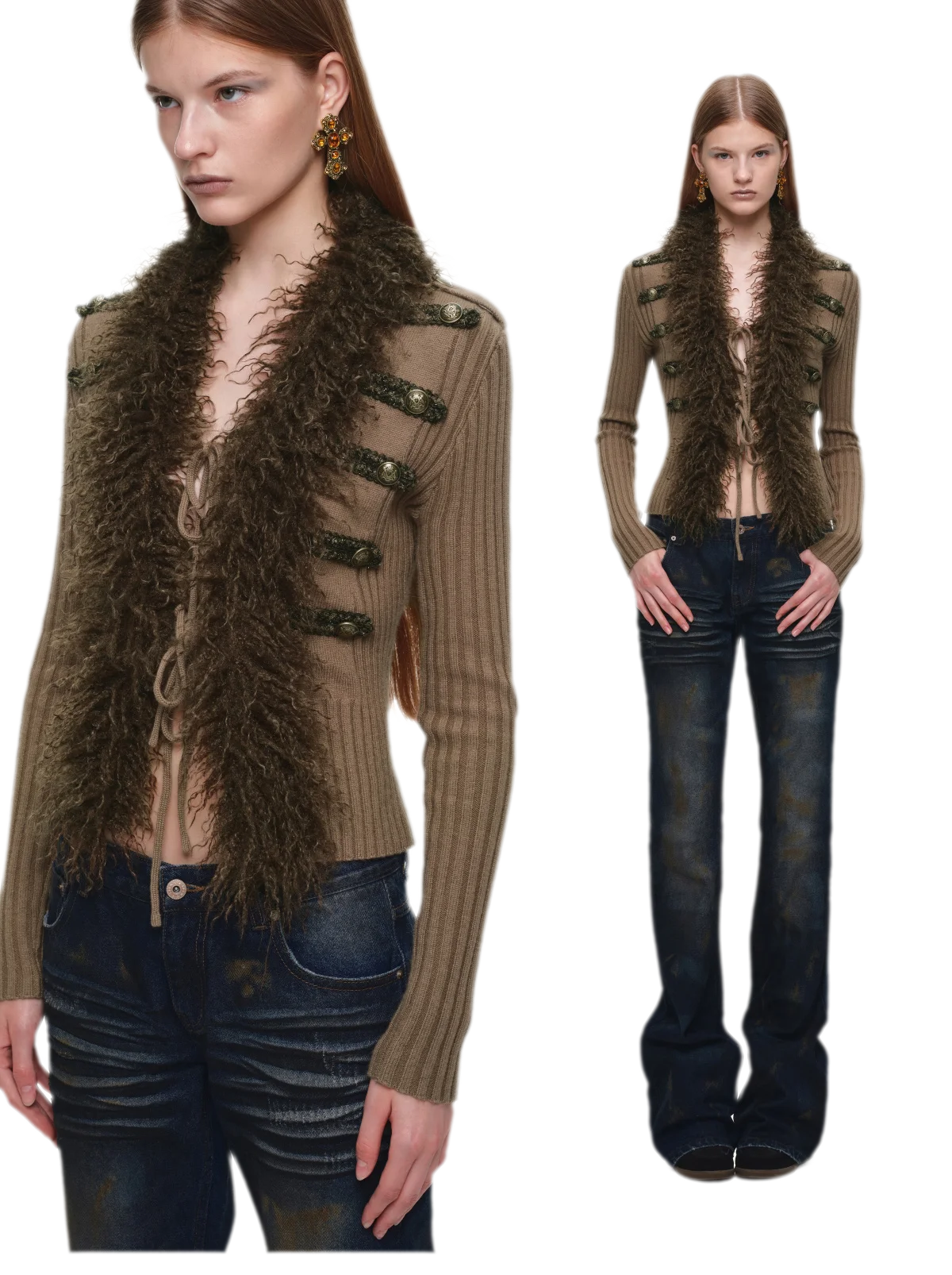 Rib-Knit Fitted Wool-Collar Cardigan