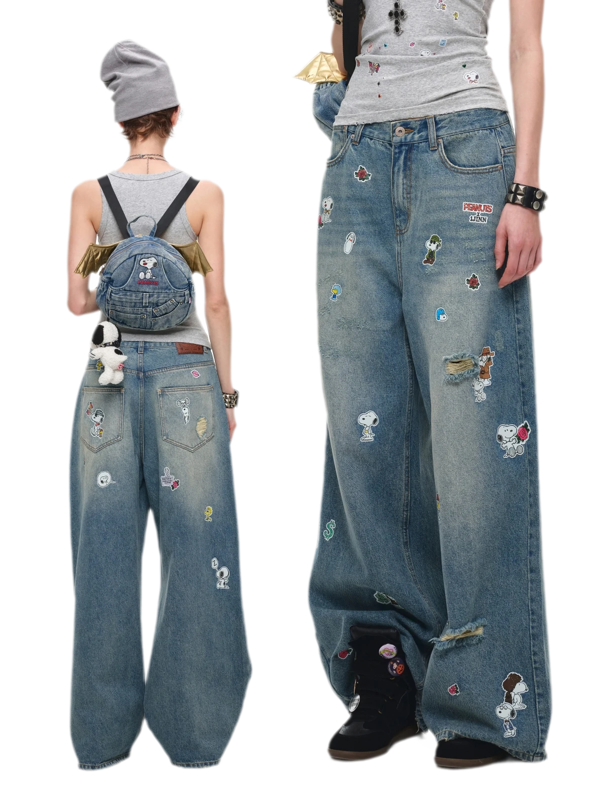 Washed Distressed Wide-Leg Jeans