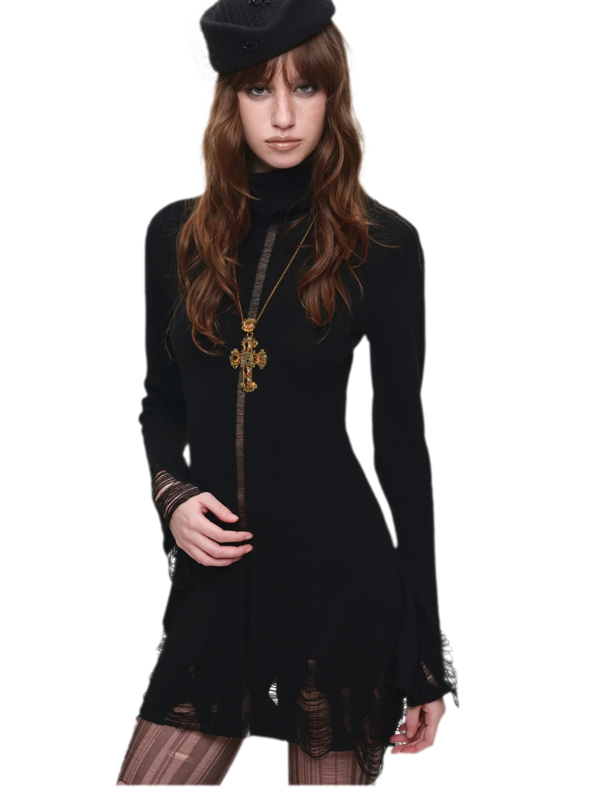 Distressed High-Neck Knit Dress