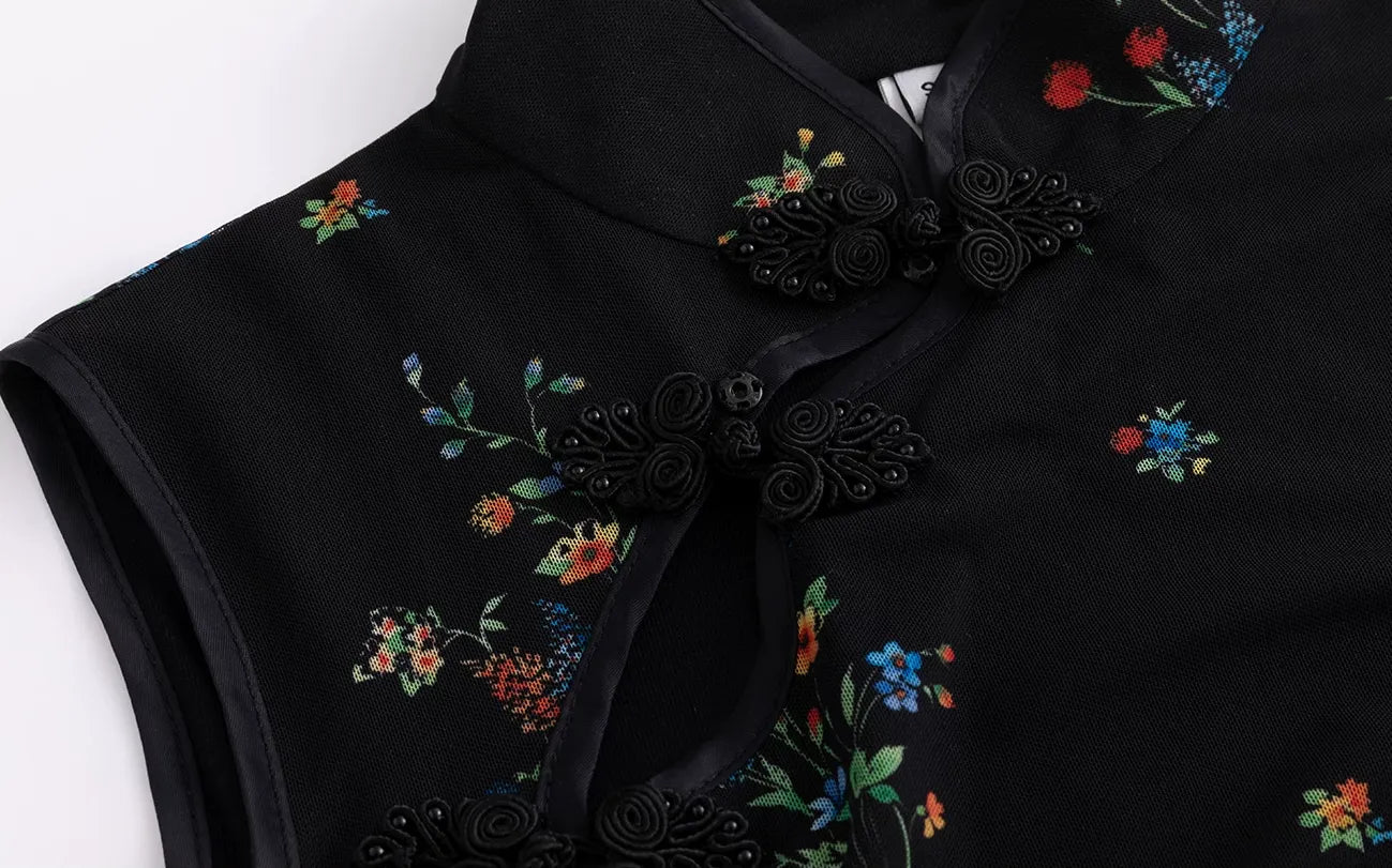 Dark Floral Mesh Qipao Dress