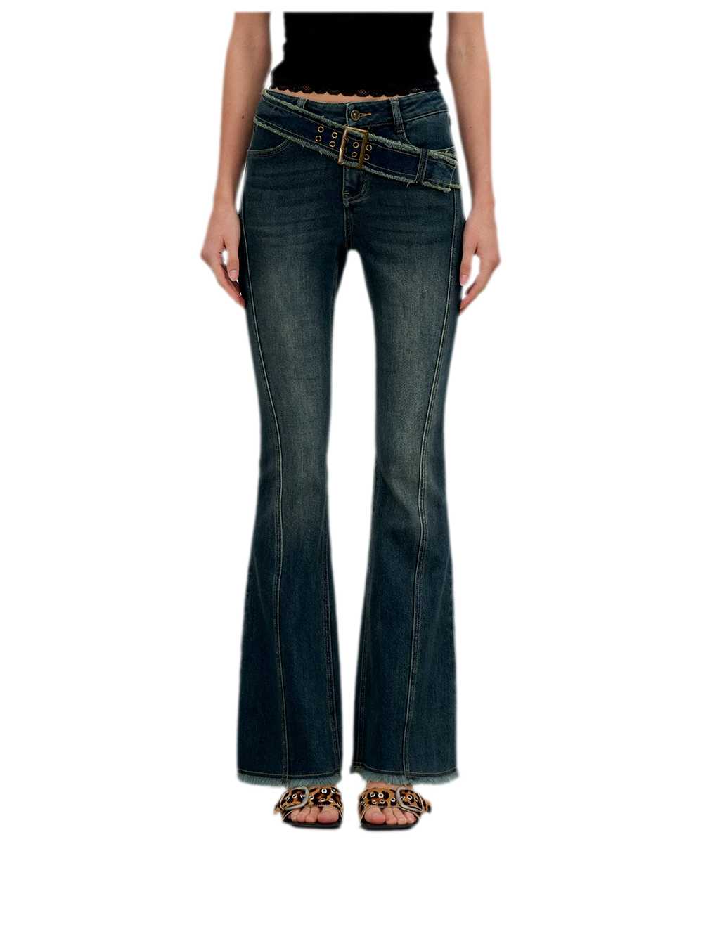Washed Panel Flare Jeans