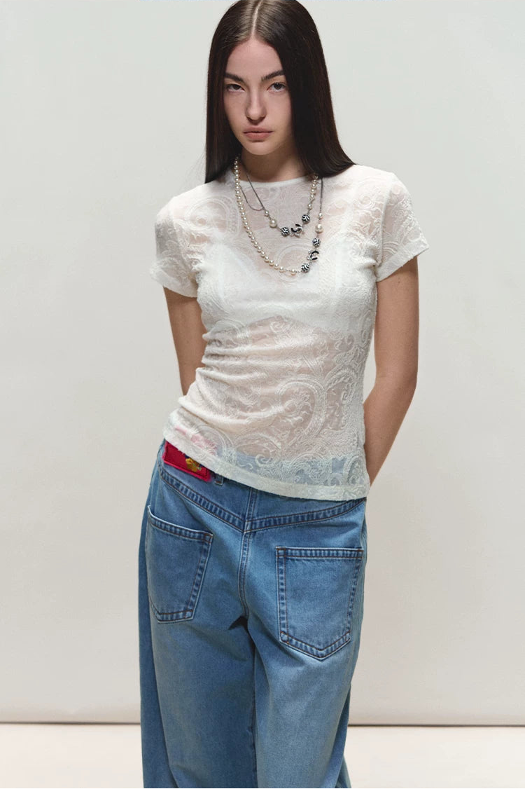 Sheer Wool Lace Paisley Short Sleeve T-shirt
