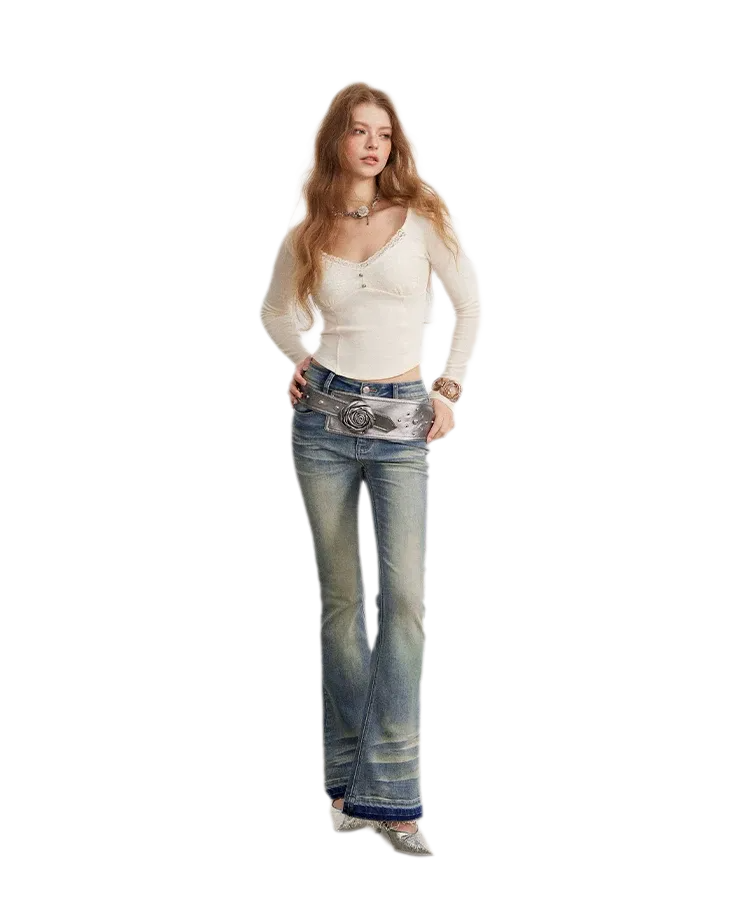 Washed Micro-Flare Contrast-Hem Jeans