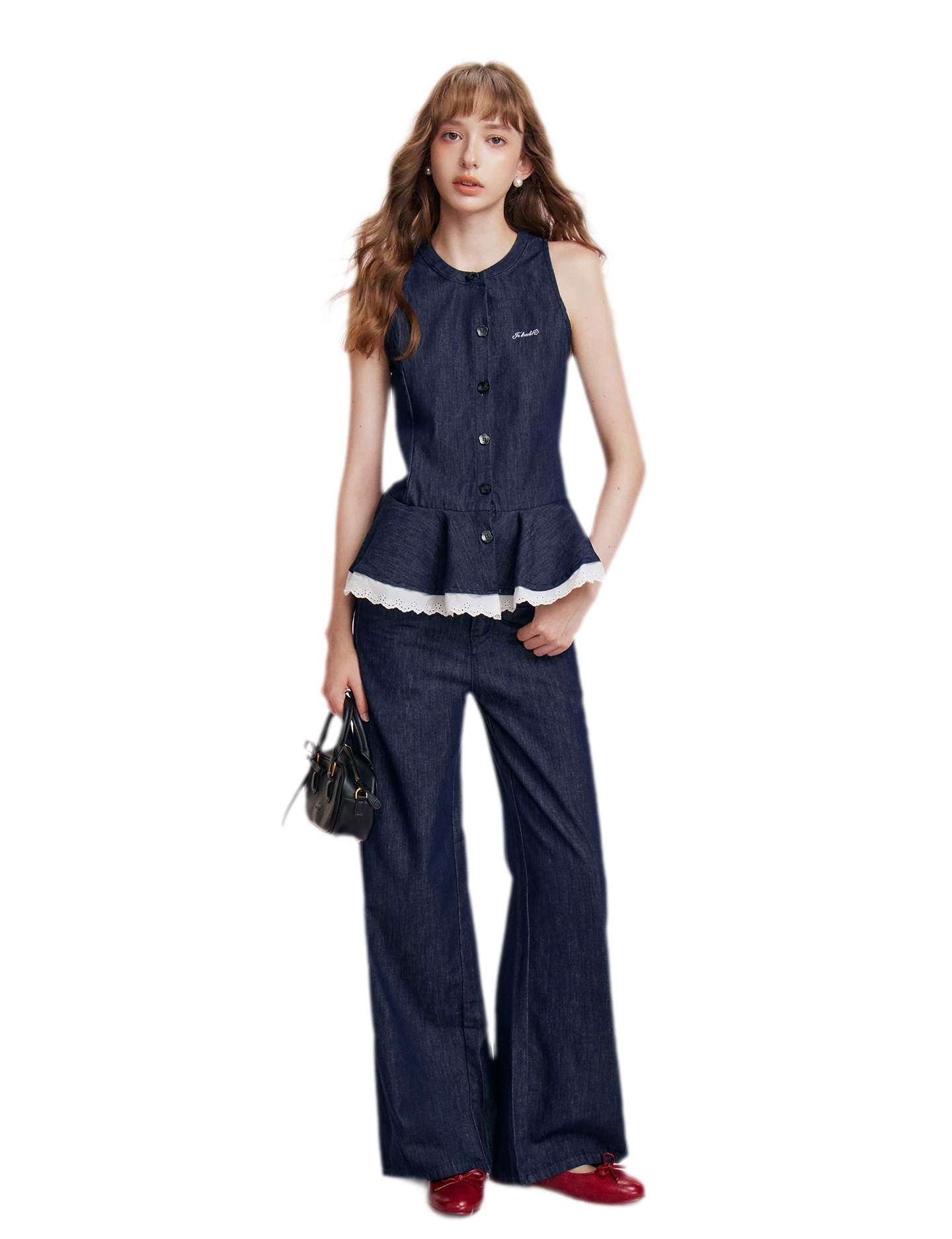 Lace Trim Peplum Denim Set