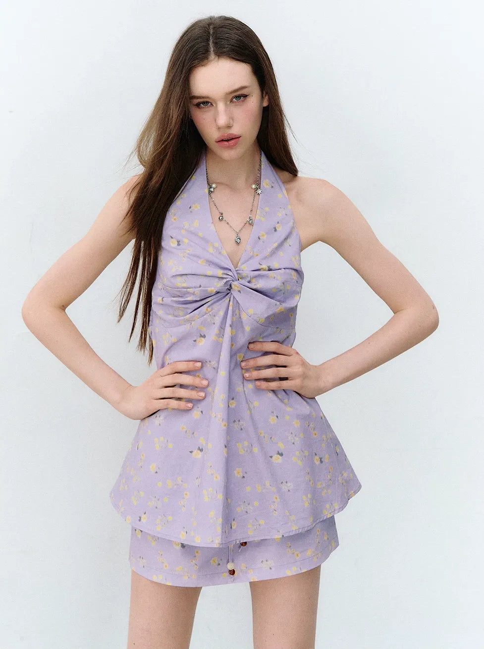 Twin Flowers French Floral Halter Top & Drawstring