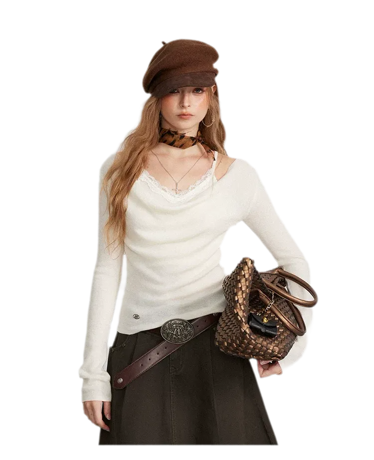Draped Lace Trim Knit Top