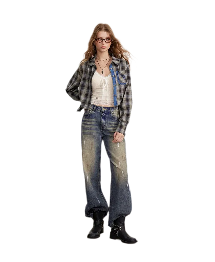 Fringe Plaid Cropped Shirt Jacket