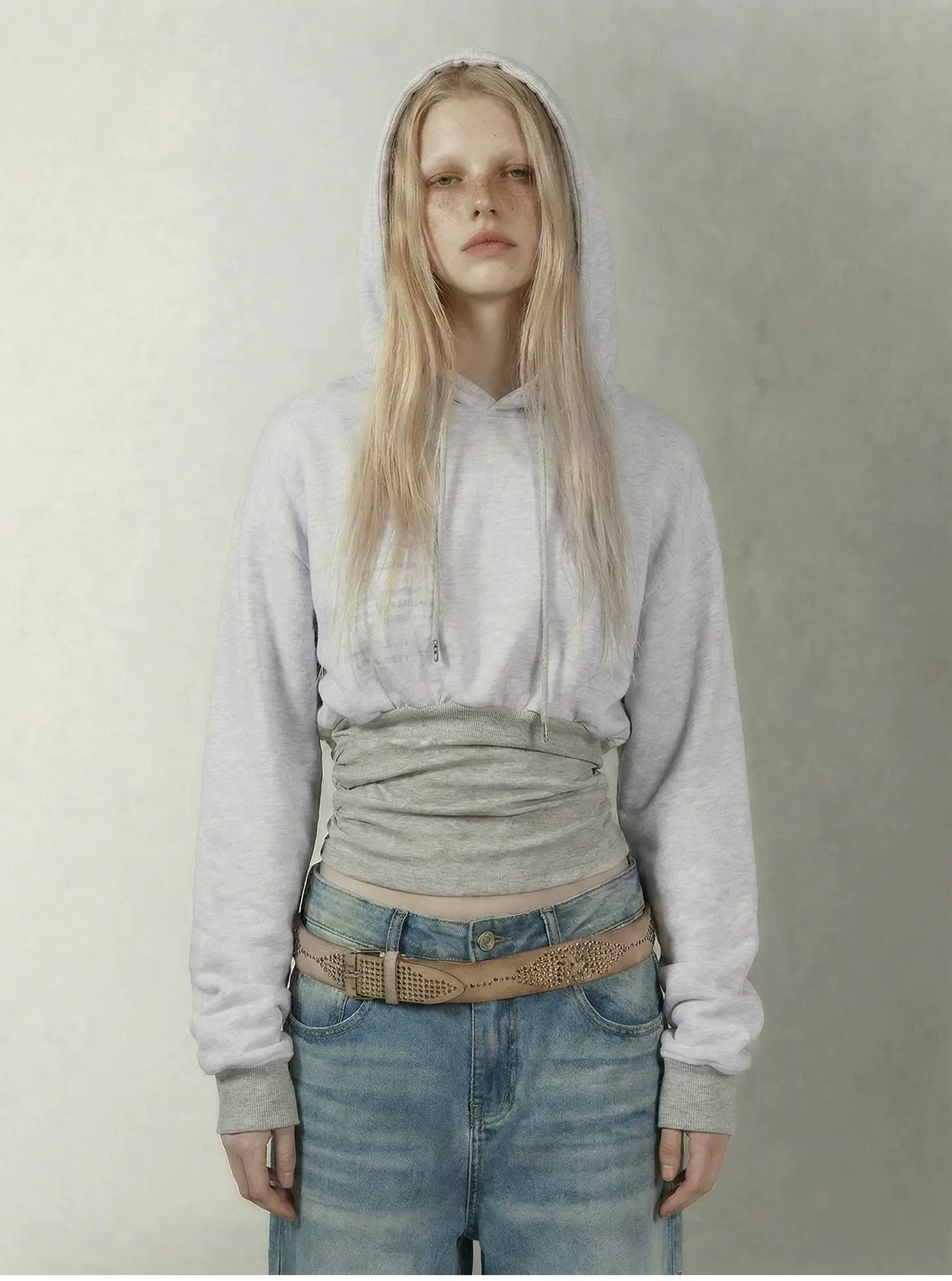 Printed Cinched Cropped Hoodie