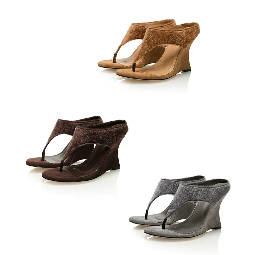 Faux Horsehair Wedge Thong Sandals