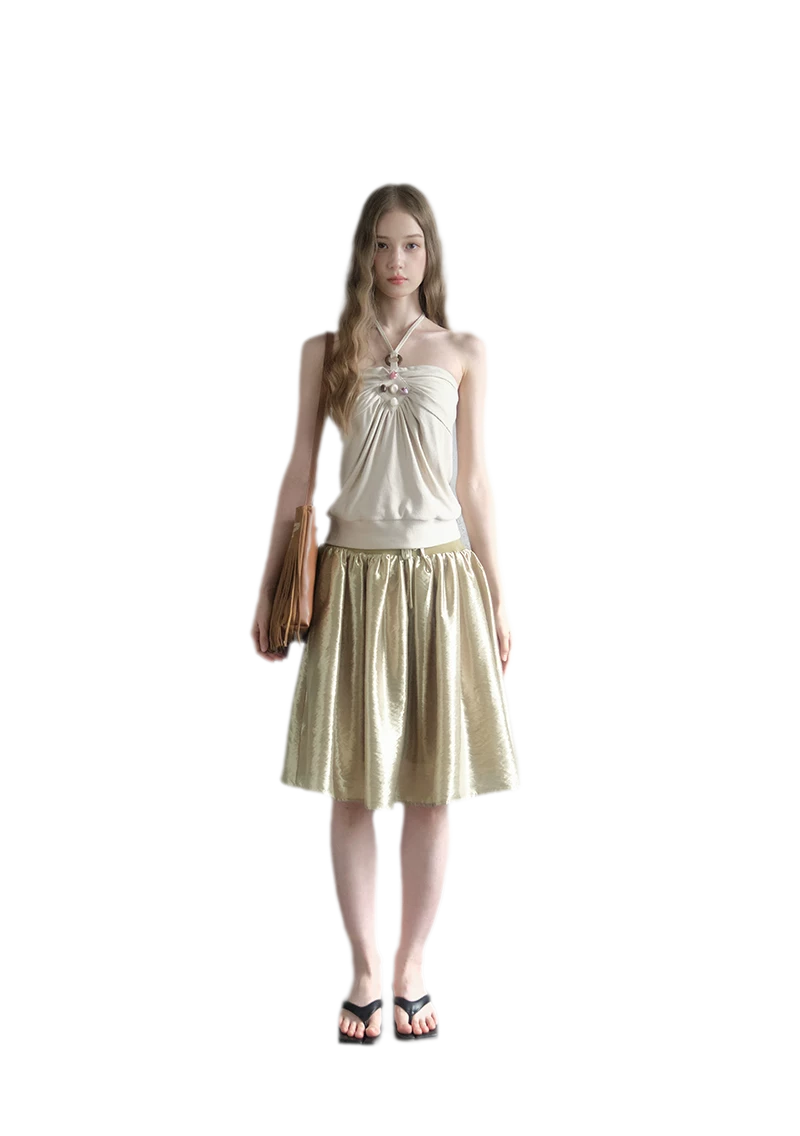 Beaded Ruched Halter Ribbed Top