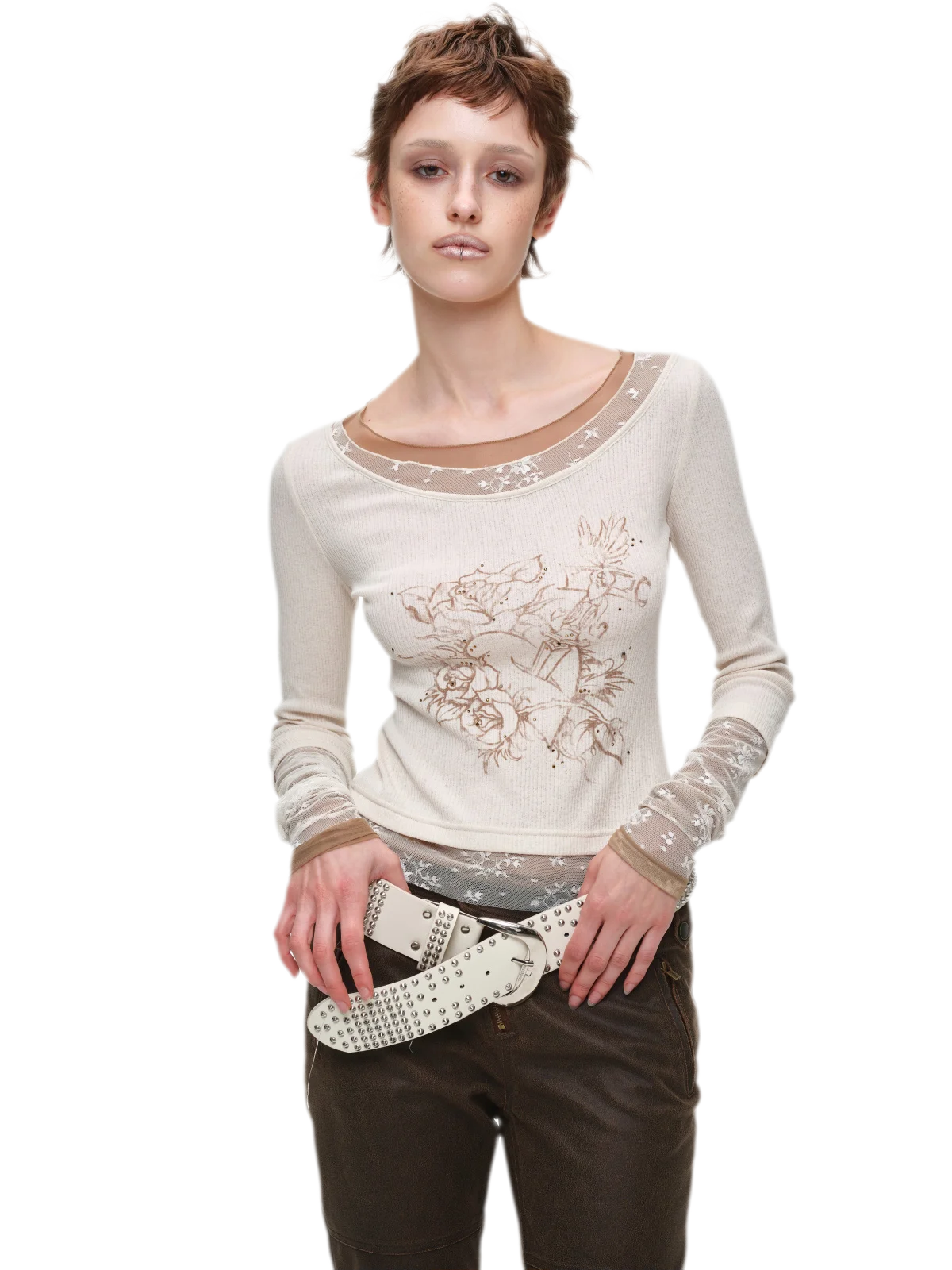 Vintage Lace Contrast Long-Sleeve Top