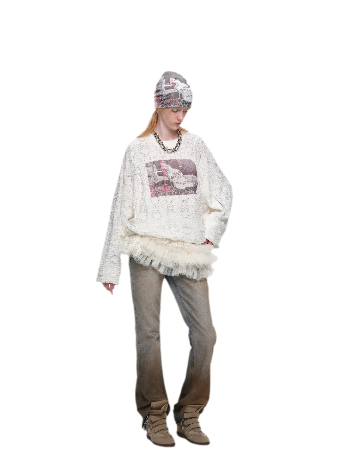 Distressed Cat Graphic Sweatshirt