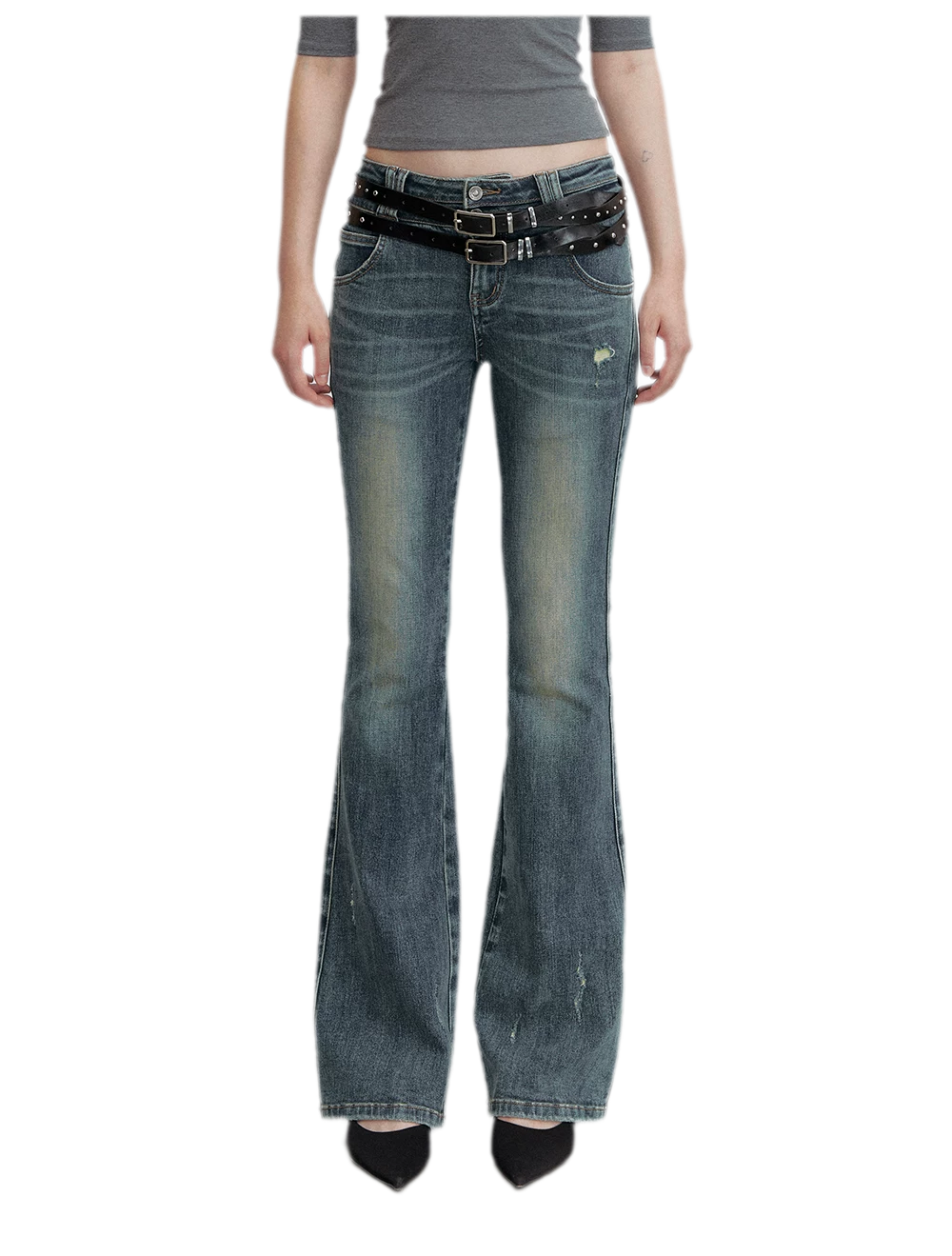 Washed Whisker Flared Jeans