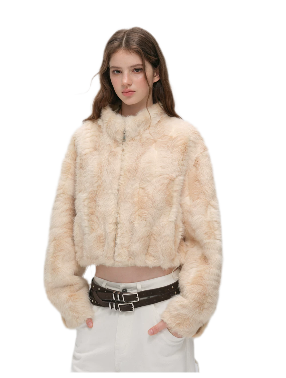 Embossed Cropped Faux Fur Jacket