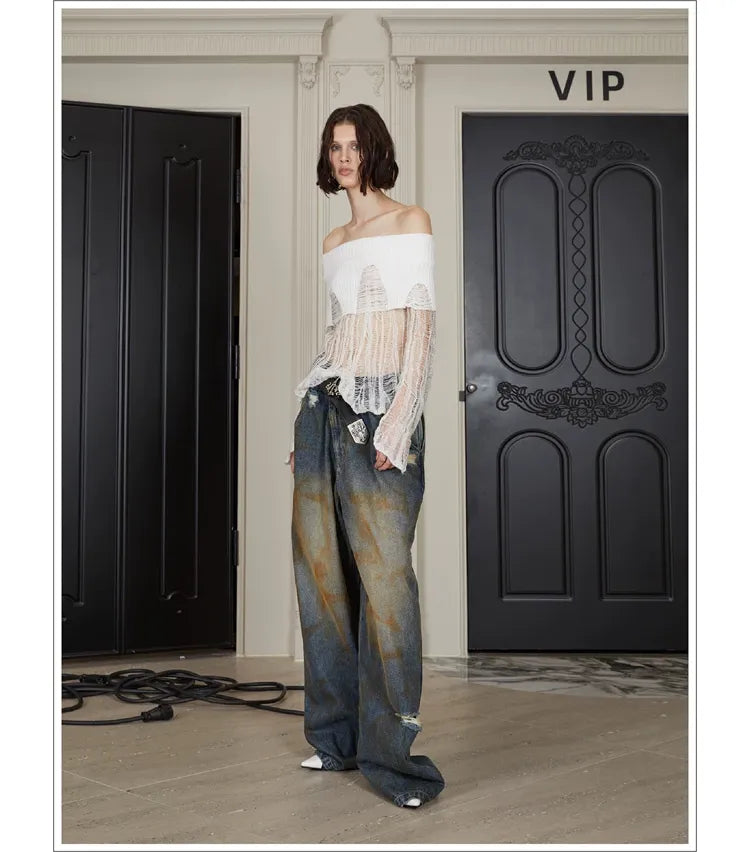 Distressed Wide-Leg Jeans