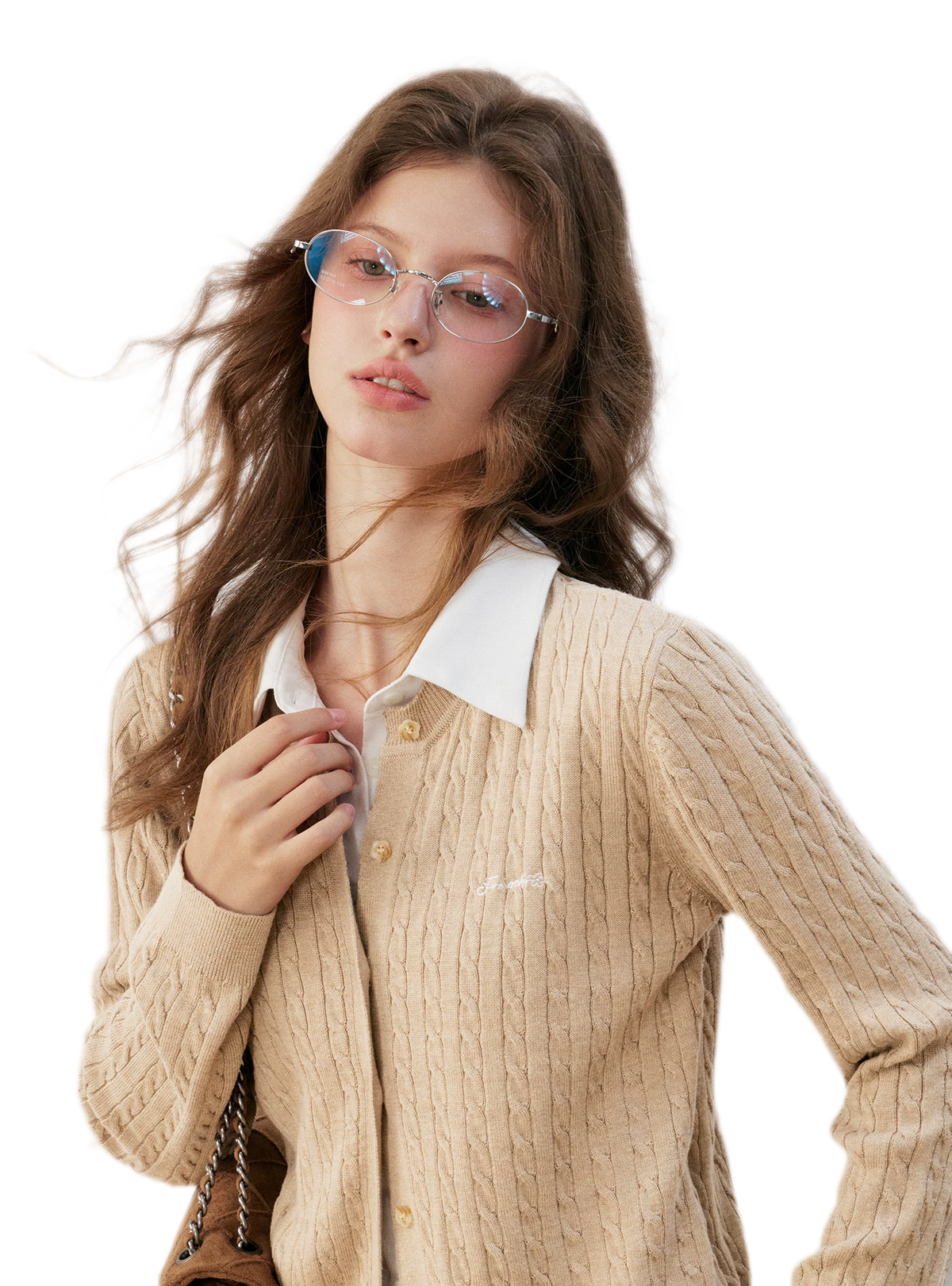 Cardigan en maille torsadée avec empiècement chemise