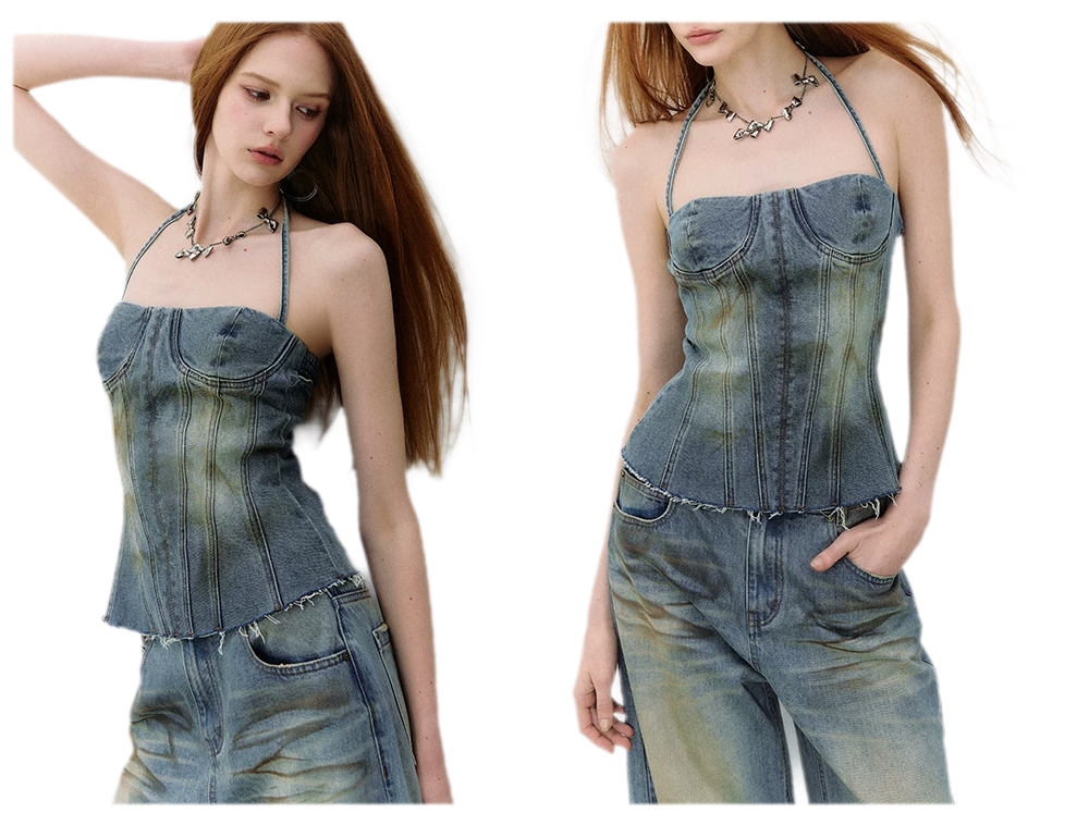 Denim Halter Top and Wide-Leg Jeans Set