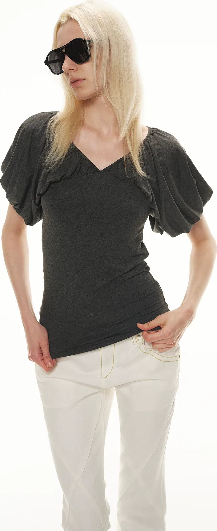Soft Draped Puff Sleeve V-Neck Slim T-Shirt