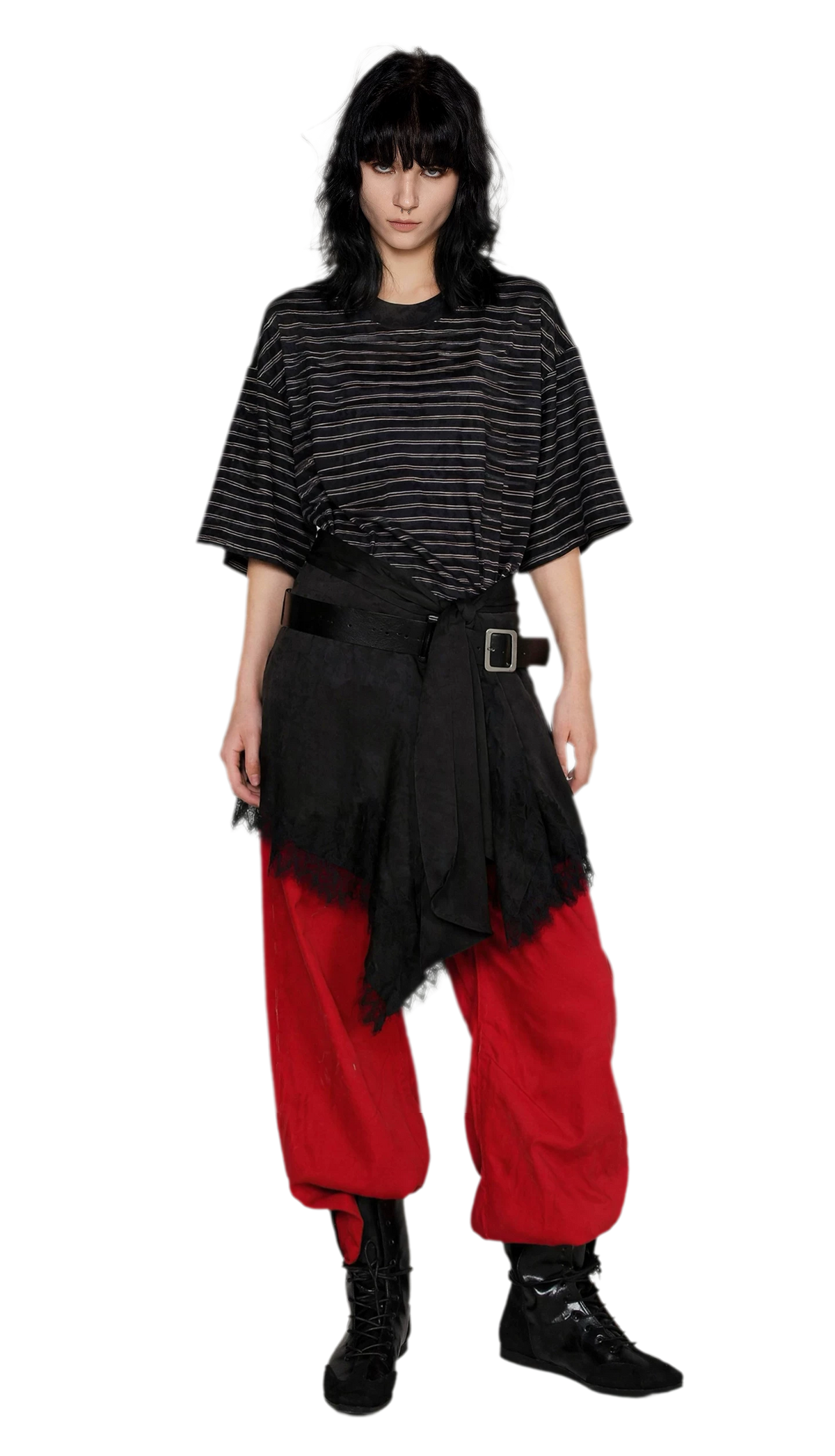 Striped Lace Hem T-Shirt
