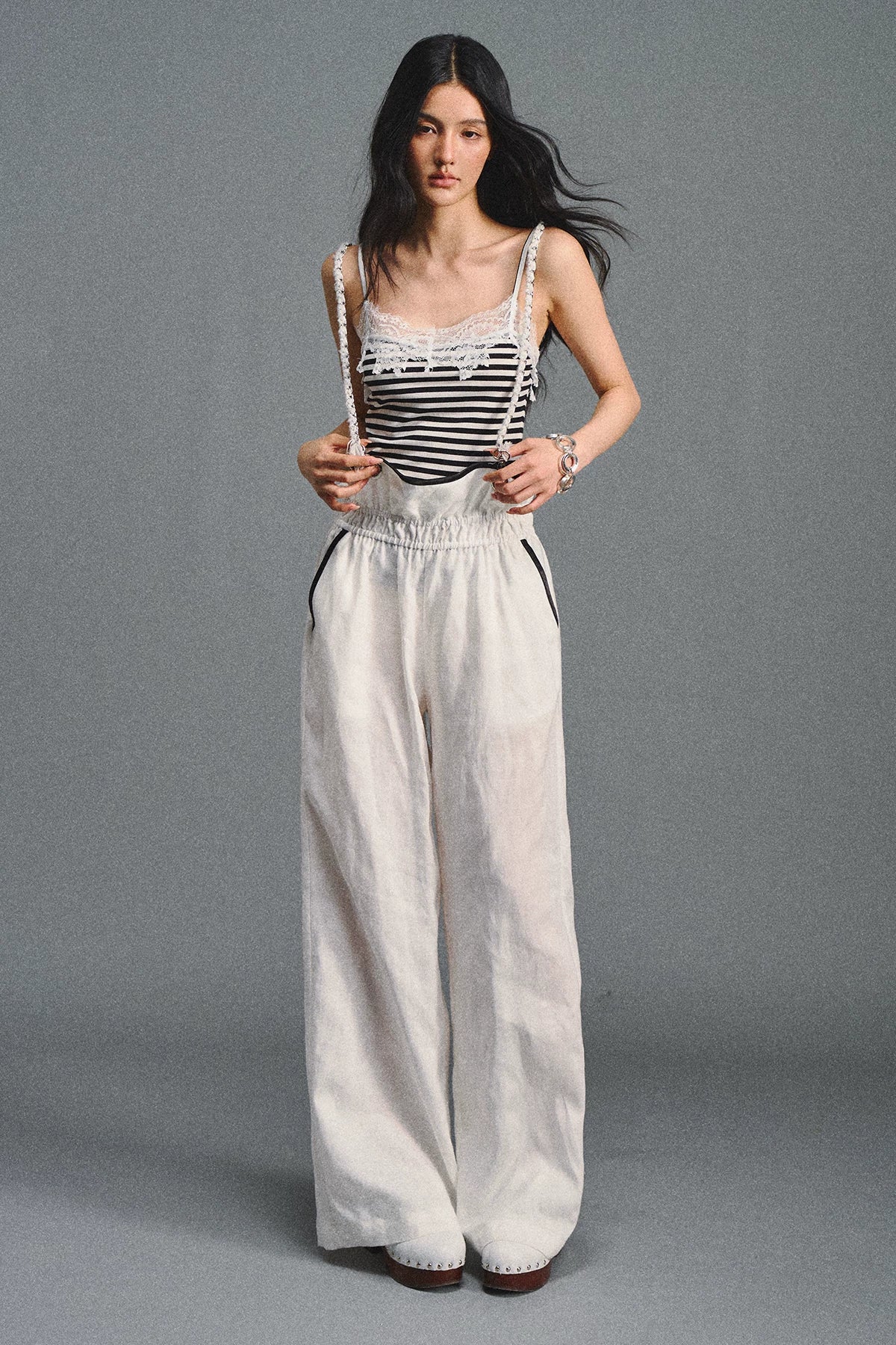 Tencel Linen Contrast Satin Trim Wide-Leg Pants