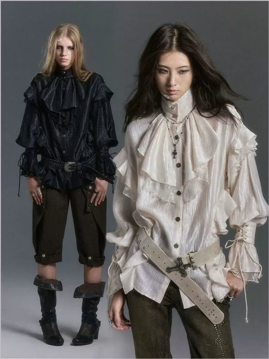 Blouse met textuur, ruches en hoge hals