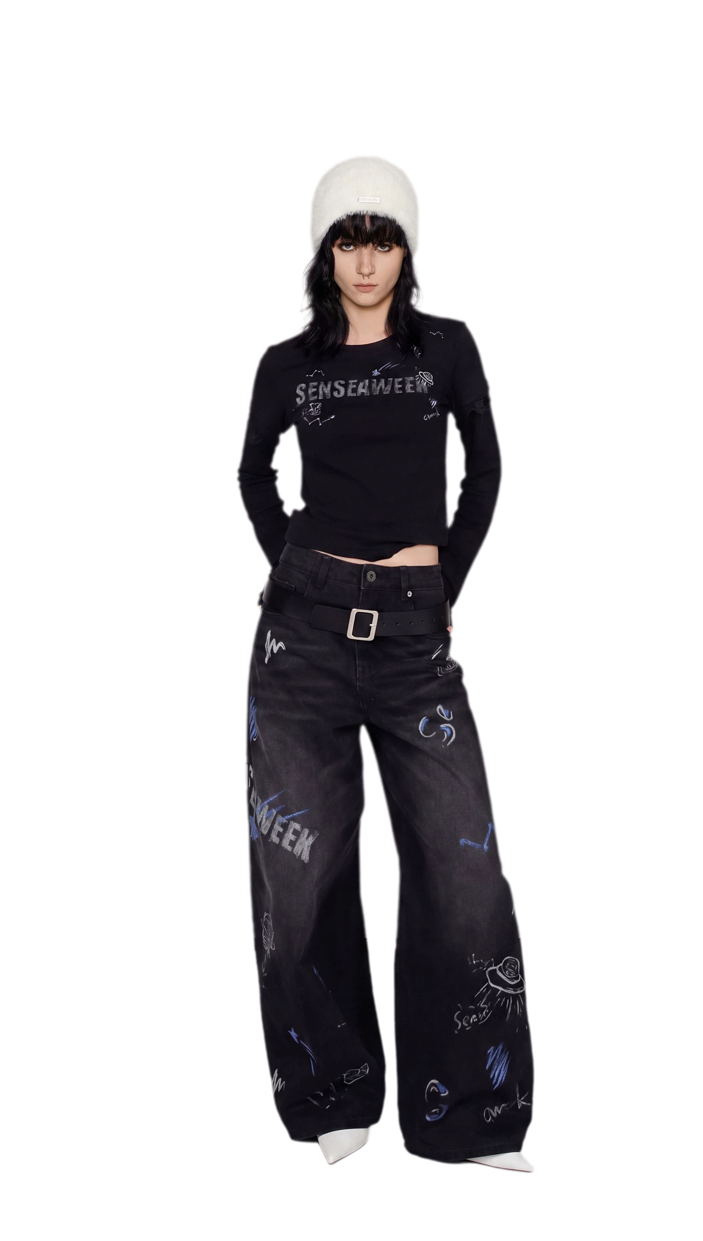 Washed Graffiti Wide-Leg Jeans
