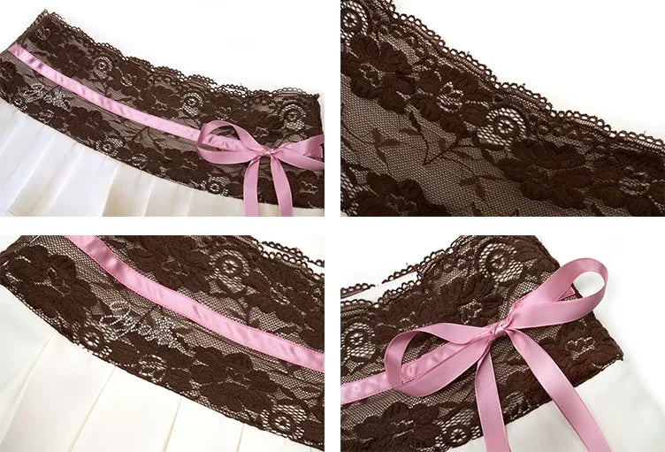 Lace Ribbon Pleated Mini Skirt