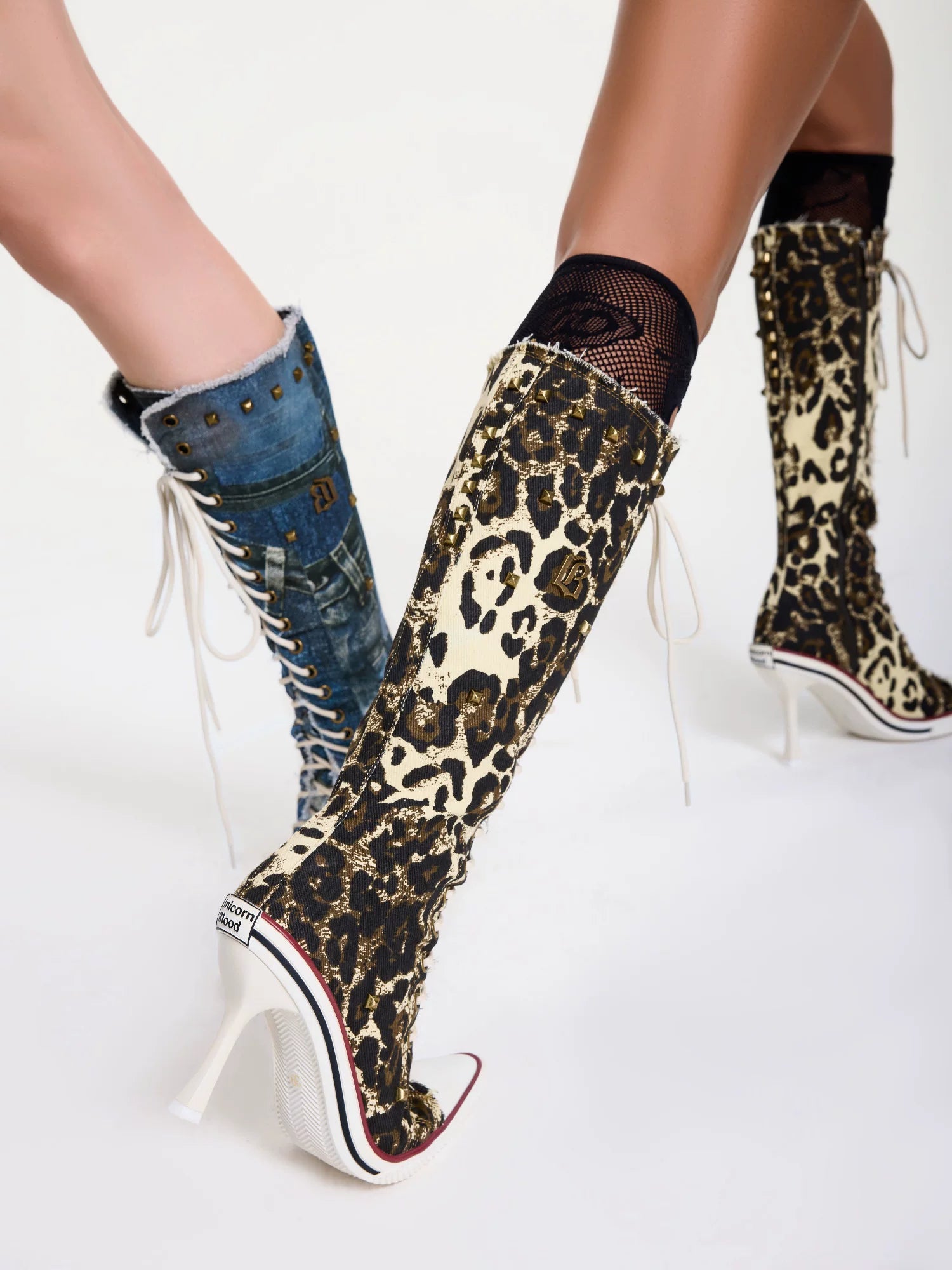 Studded Lace-Up Knee-High Boots