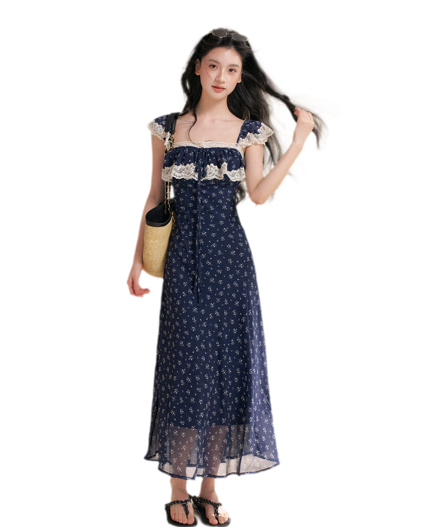 midi camisole dress Kroche Lace Floral Navy / L Size:US11/UK10/EU44 BLD6942 eye print cami dress Off the Shoulder Purple