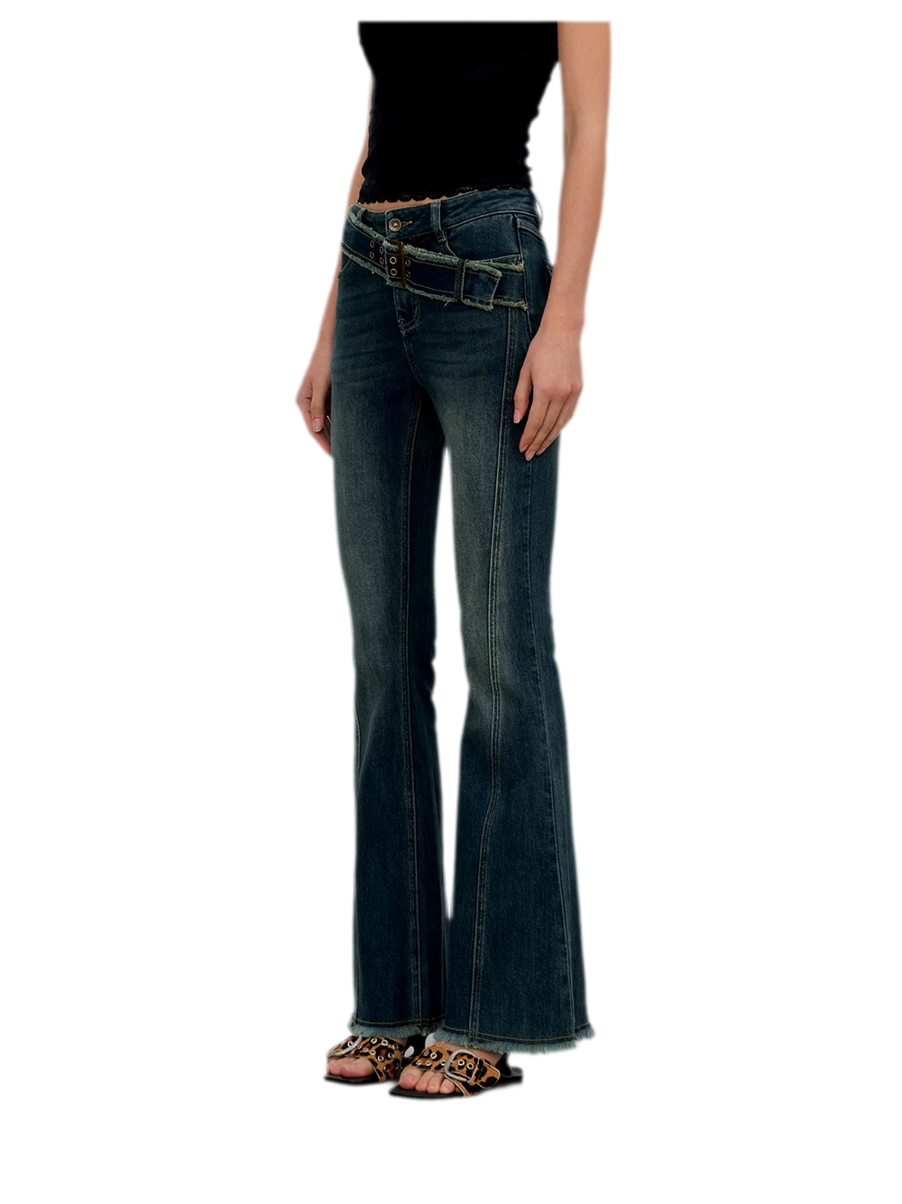 Washed Panel Flare Jeans