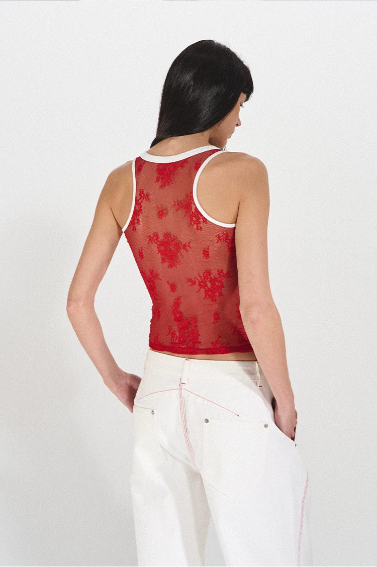 Lace Panel Slim Fit Striped Shoulder Vest Top