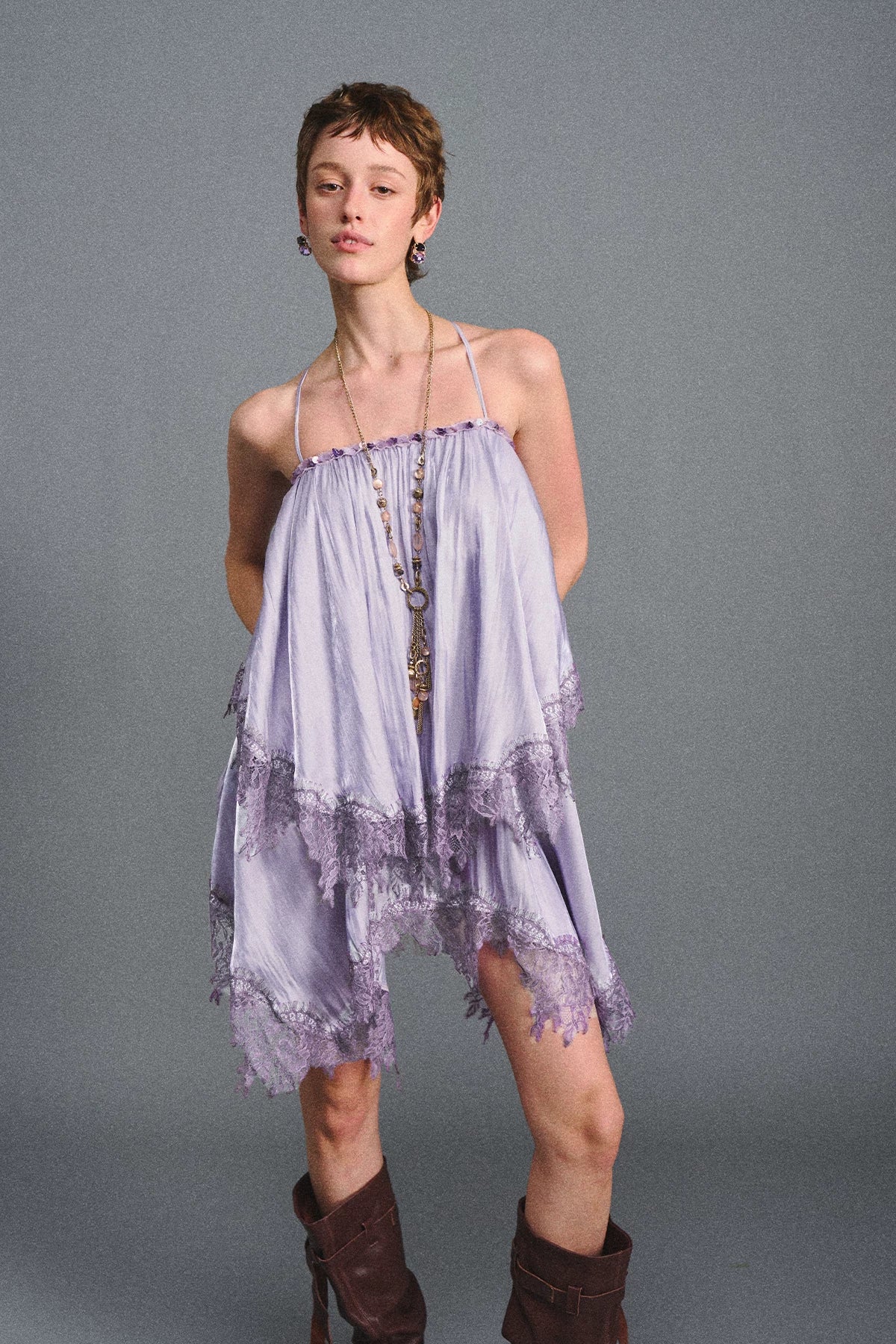 Lavender Galaxy Lace Satin Beaded Strap Dress