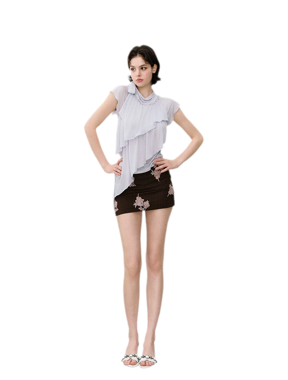 Ruffle Tie-Neck Tencel Short Sleeve Top