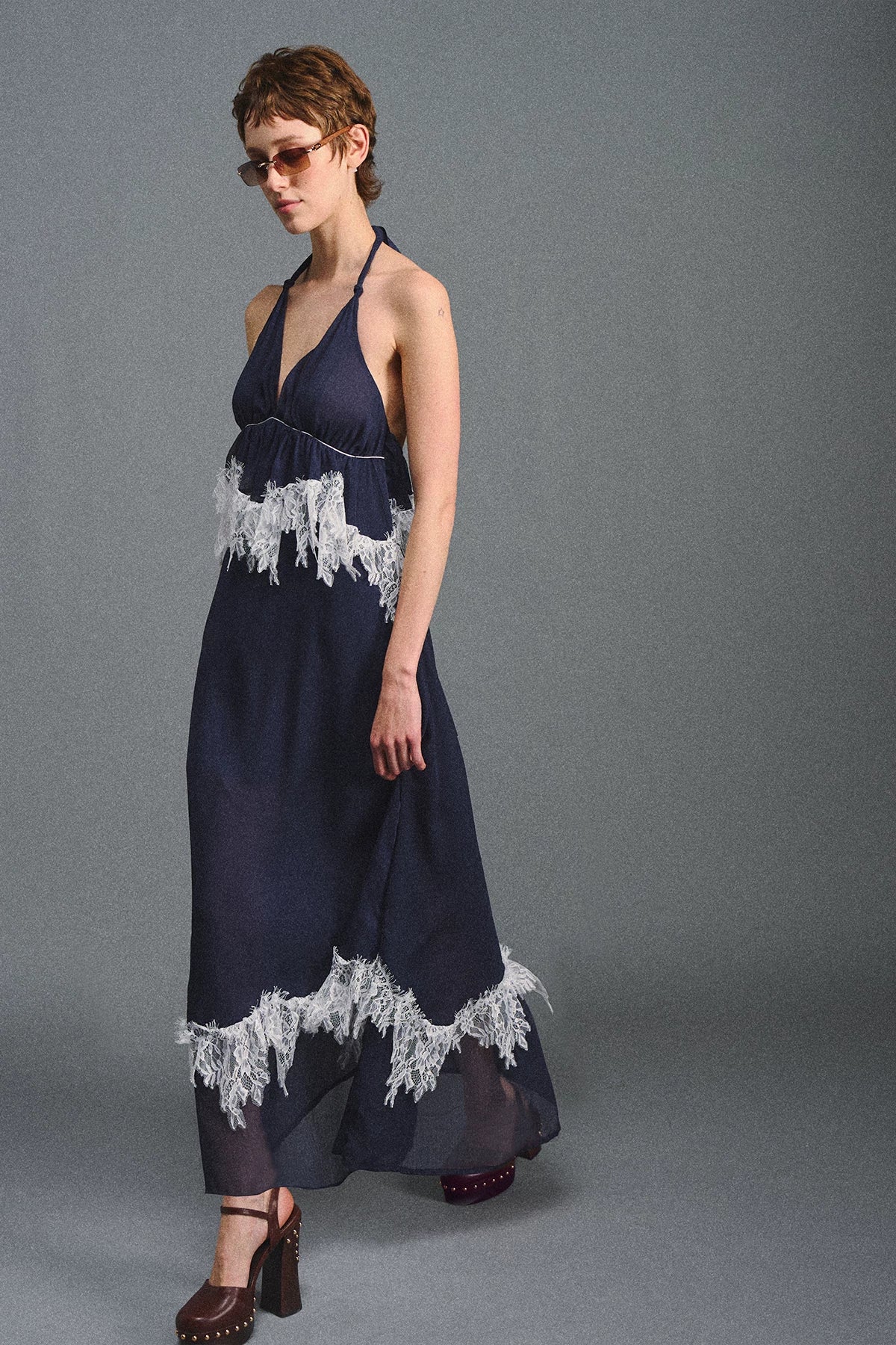 Deep V Halter Maxi Dress in Serene Blue
