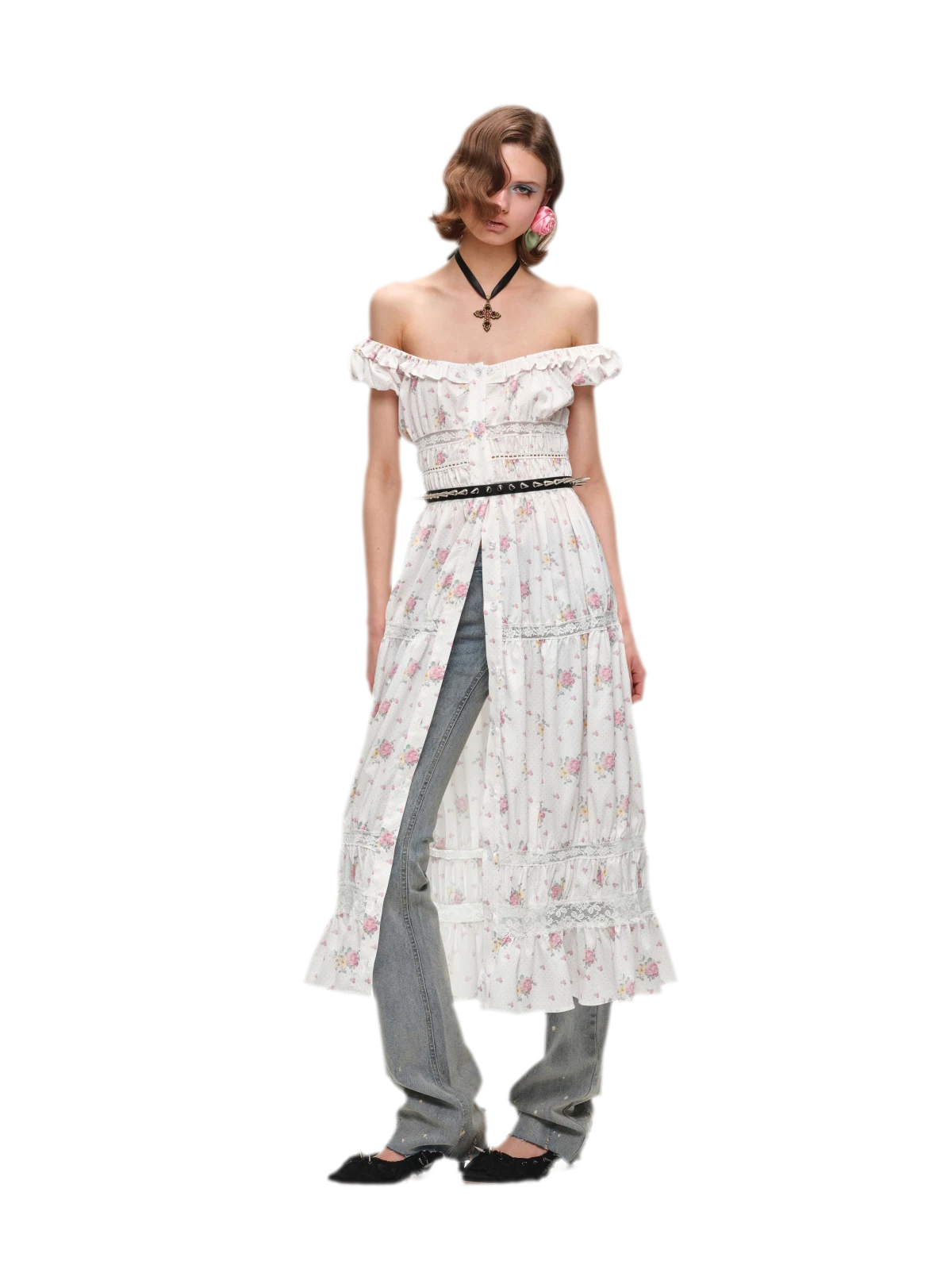 Long Floral Lace Chiffon Dress
