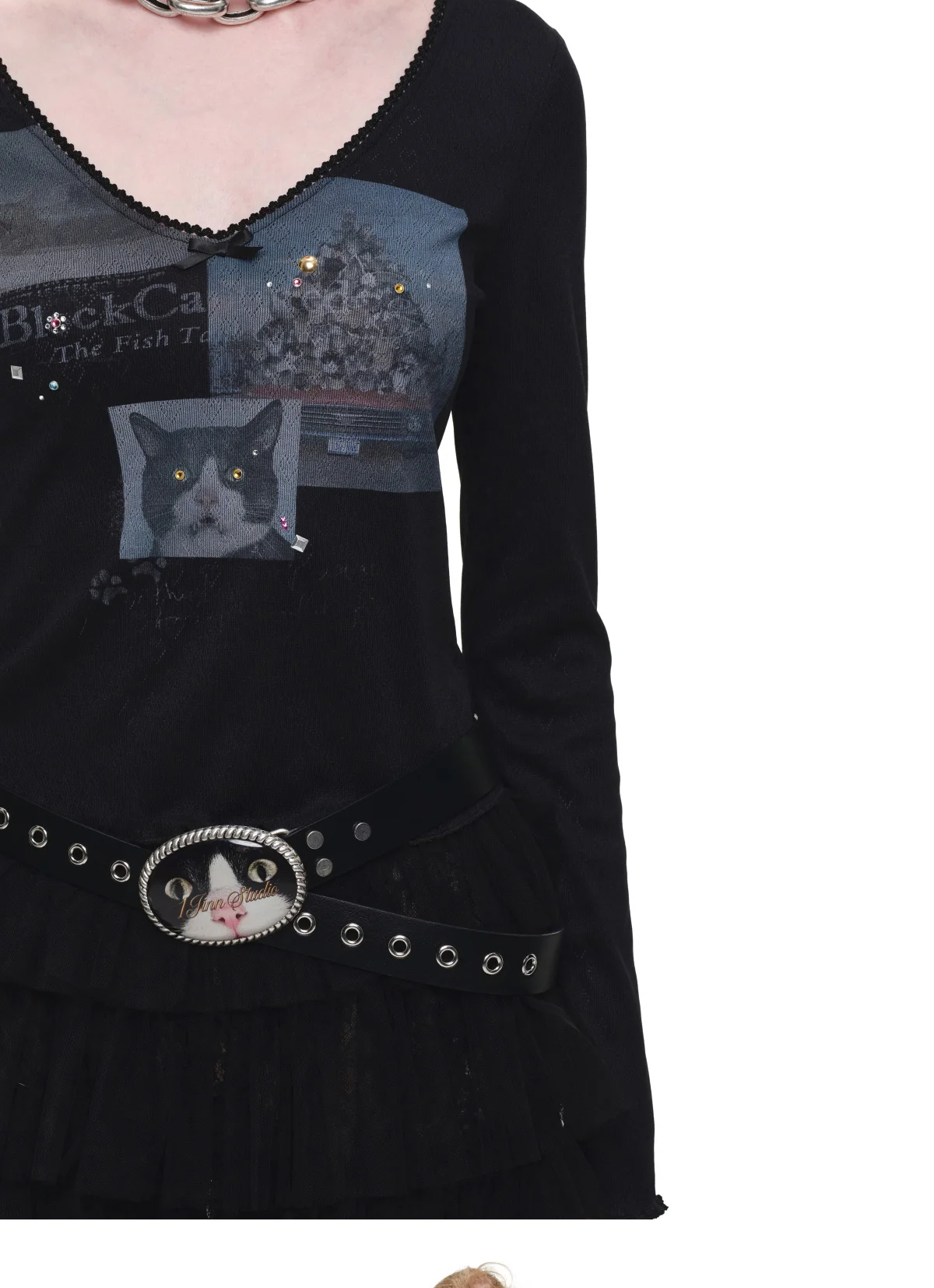 Camiseta de manga larga con ribete de encaje y pedrería